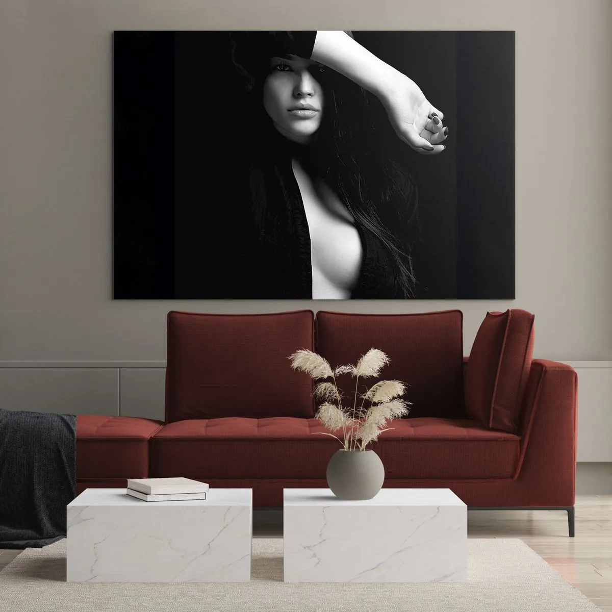 Glass picture - A woman in black in a sensual pose against a dark background - 70x50cm - School of Seduction - Modern wall decoration for the living room and bedroom ARTTOR