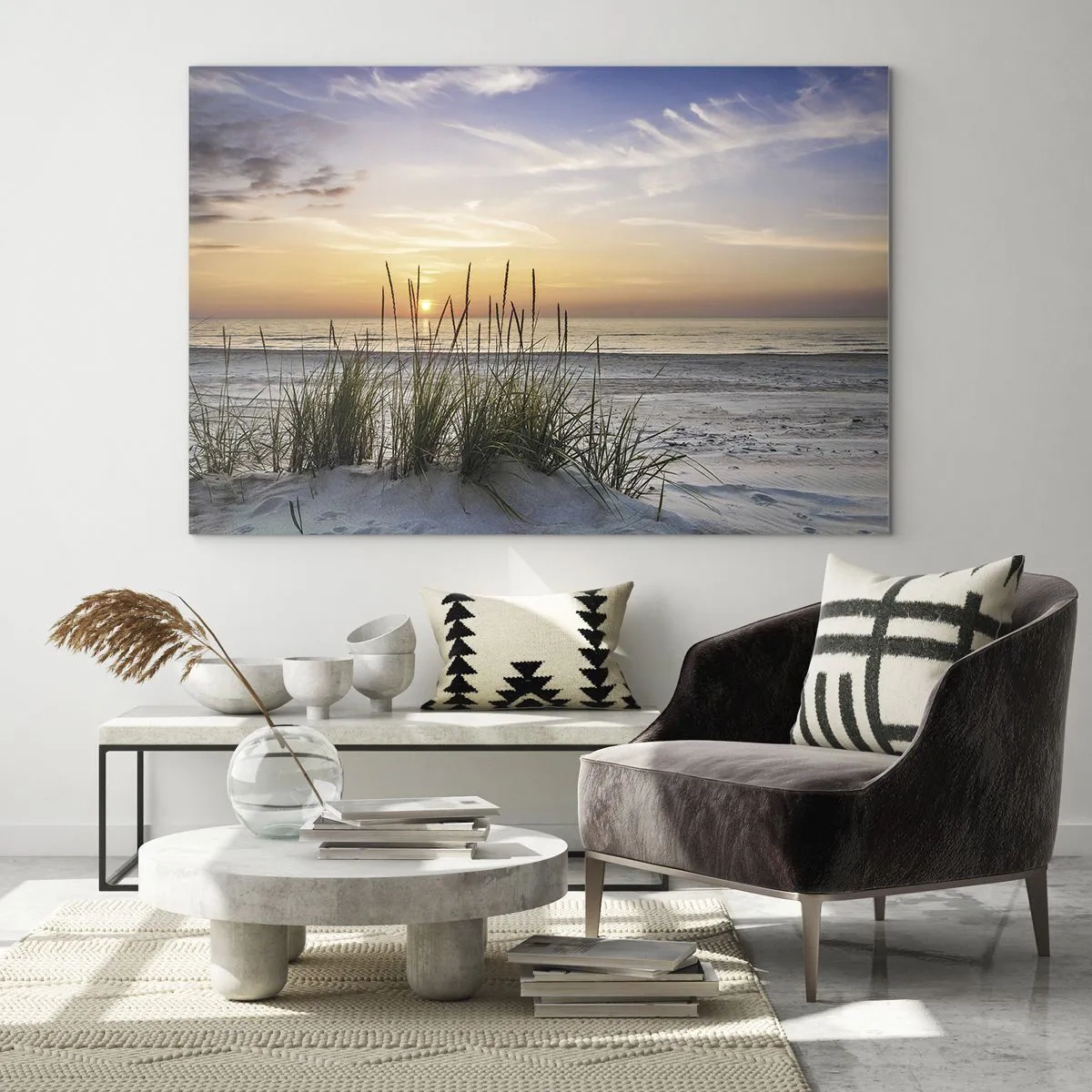 Glass picture - Sunset over a grassy beach - 70x50cm - Look, Think, Feel - Modern wall decoration for the living room and bedroom ARTTOR
