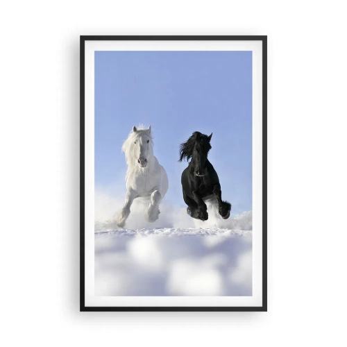 Poster in black frame - Black and White Gallop - 61x91 cm