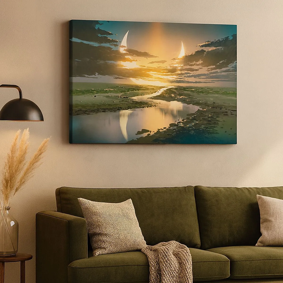 Canvas picture - A fantastic landscape with two moons on the horizon - 70x50cm - Somewhere in a Distant Galaxy - Modern wall decoration for the living room and bedroom ARTTOR