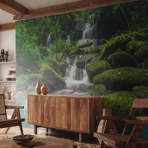 Photo Wallpaper Standard Eco - A picturesque waterfall in a tropical forest surrounded by greenery - 100x70cm - Turquoise, Sapphire and Silver - Modern wall decoration for the living room and bedroom ARTTOR