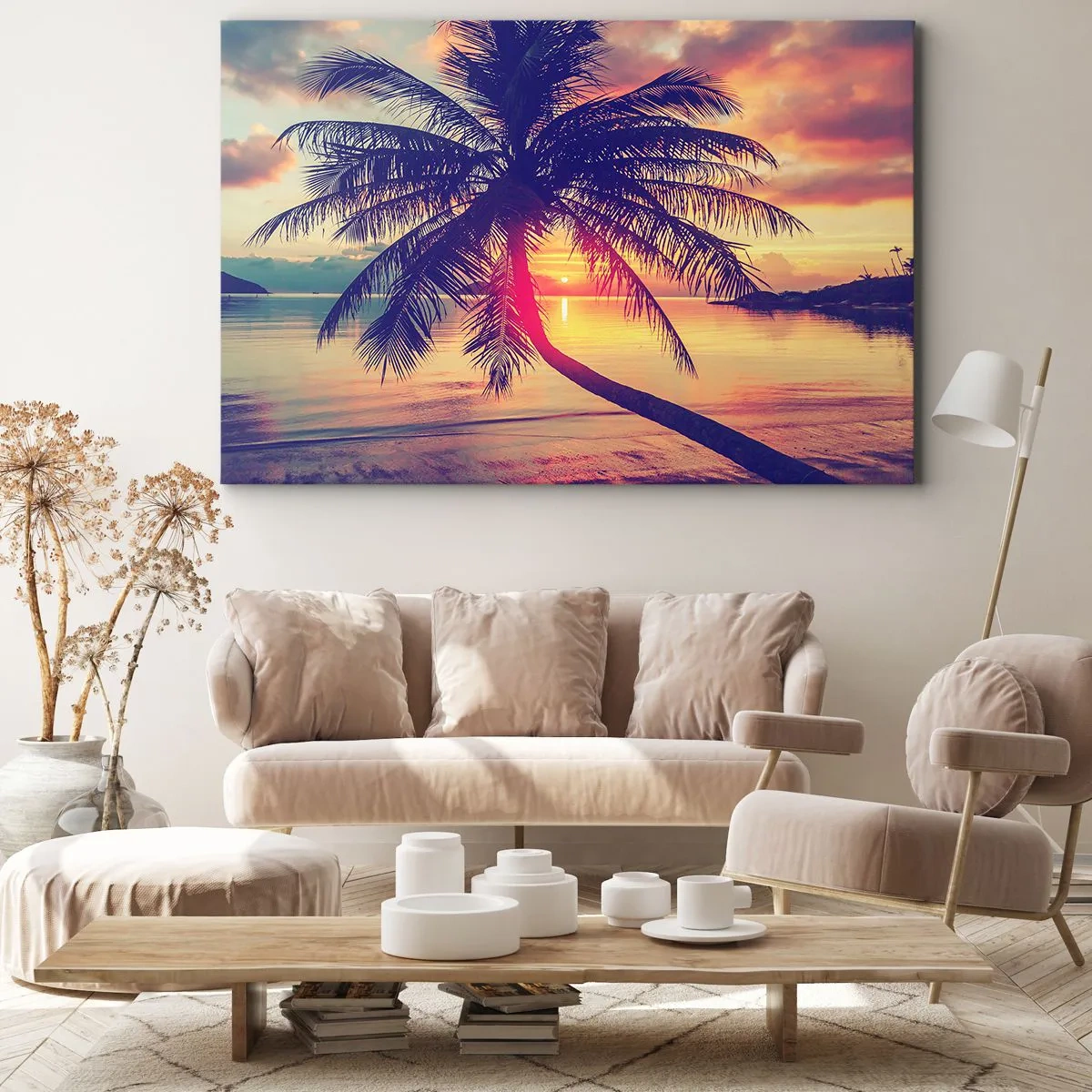 Canvas picture - Sunset with a palm tree over a quiet shore - 70x50cm - Evening under the Palm Trees - Modern wall decoration for the living room and bedroom ARTTOR