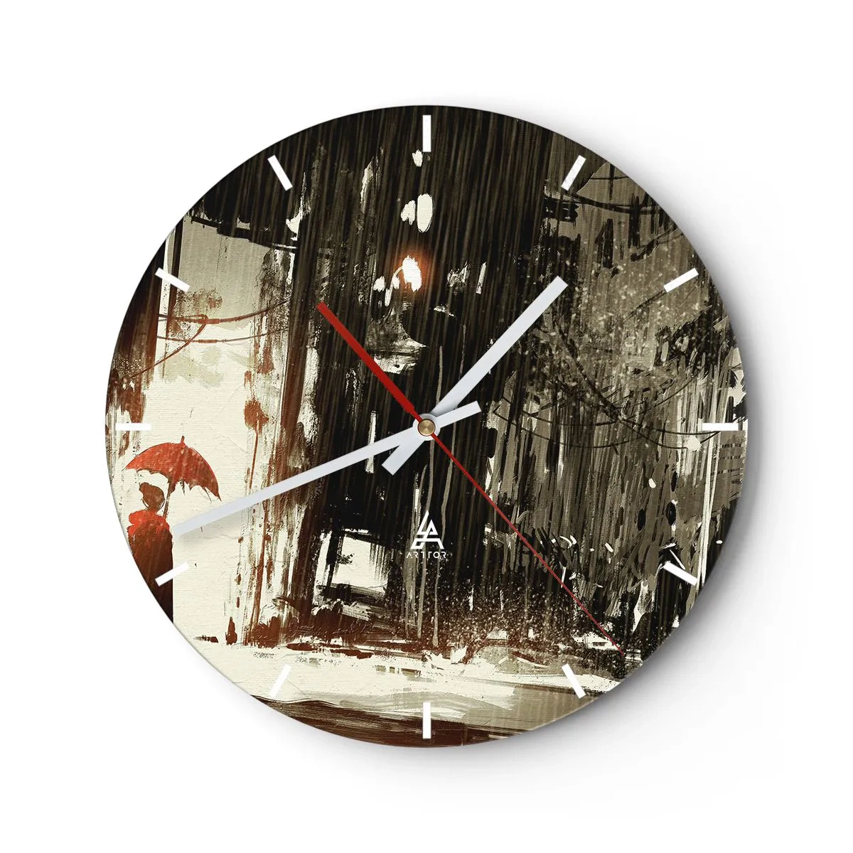 Wall clock - Clock on glass - A scene with an umbrella against a rainy street - 30x30cm - Poetry of a Red Umbrella - Modern wall decoration for the living room, kitchen, and bedroom ARTTOR