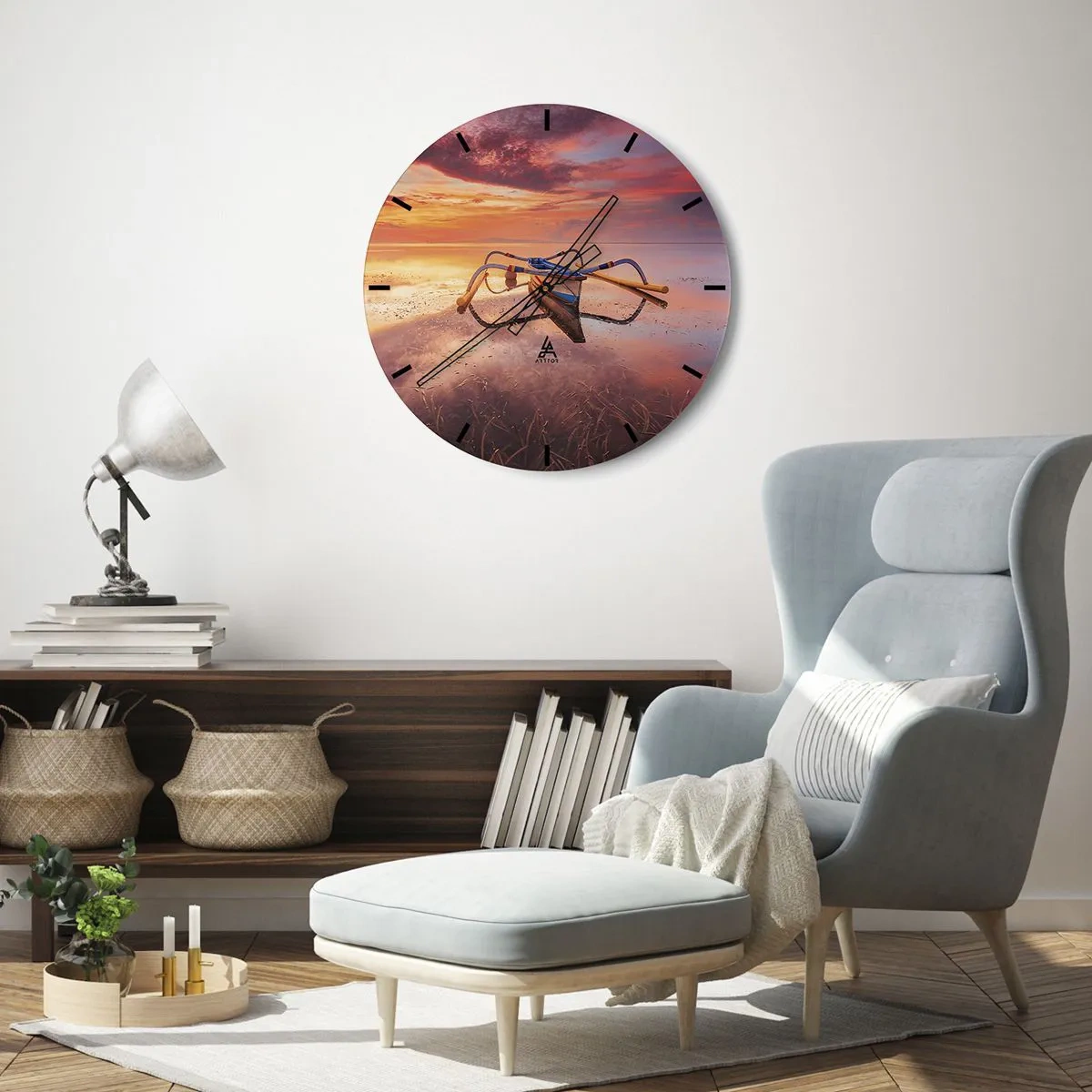 Wall clock - Clock on glass - Traditional boat on the water during sunset - 30x30cm - Tranquility of Tropical Evening - Modern wall decoration for the living room, kitchen, and bedroom ARTTOR