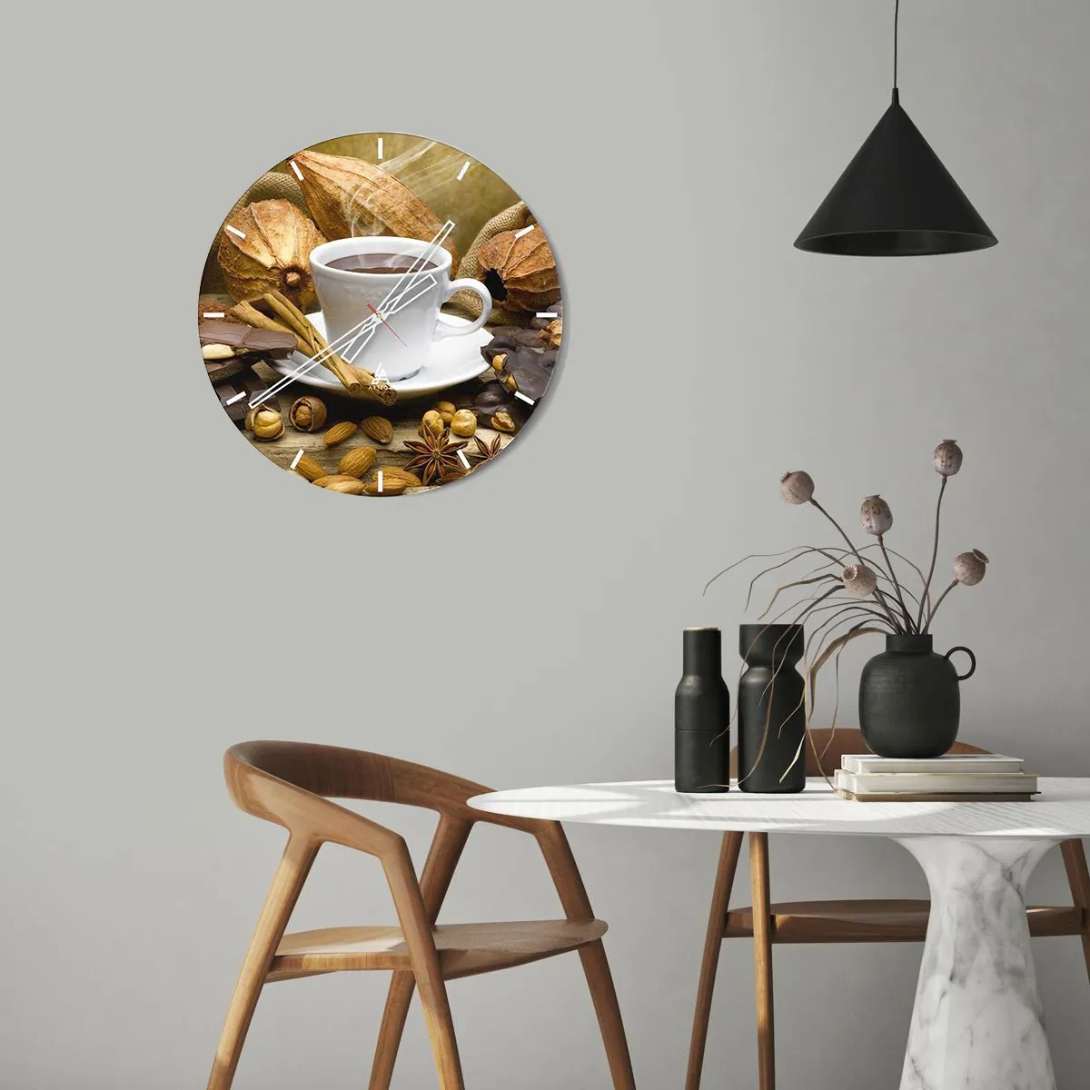 Wall clock - Clock on glass - A cup of hot chocolate with spices and cocoa beans - 30x30cm - For Adventure Hunters - Modern wall decoration for the living room, kitchen, and bedroom ARTTOR