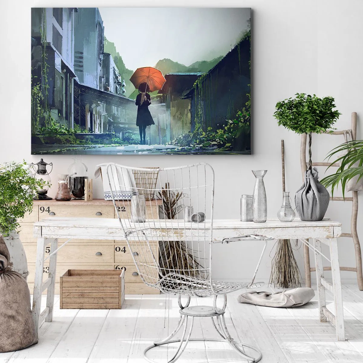 Canvas picture - A figure with an umbrella in a rainy city - 70x50cm - Refreshing Rain - Modern wall decoration for the living room and bedroom ARTTOR
