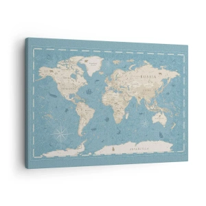 Canvas picture - Decorative world map in shades of blue and beige - 70x50cm - World Within Your Fingertips - Modern wall decoration for the living room and bedroom ARTTOR