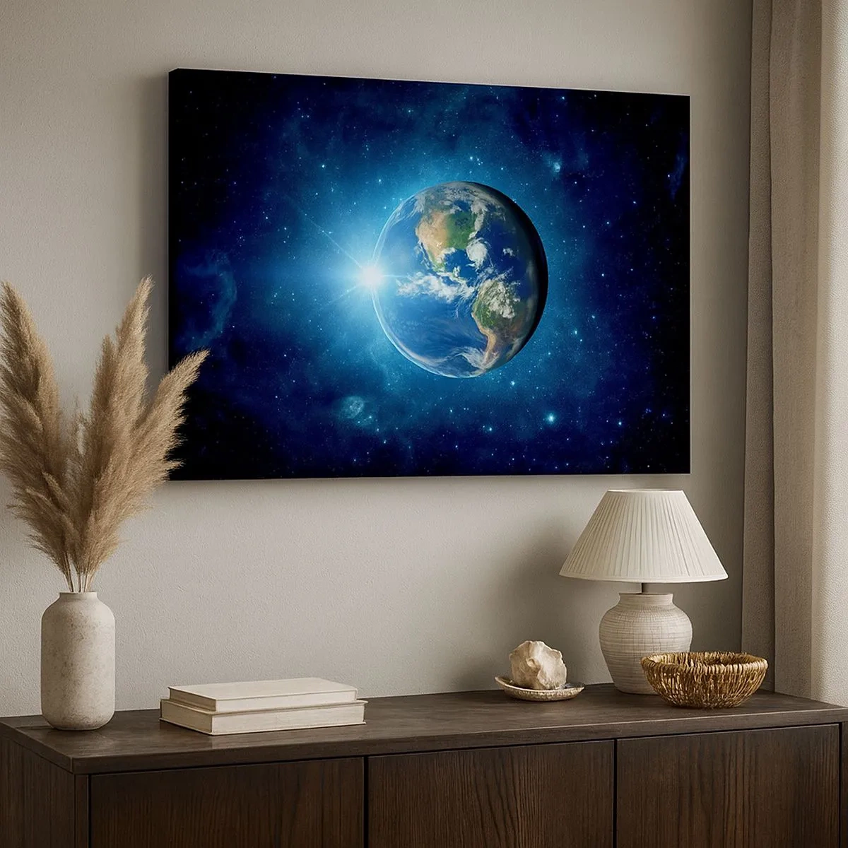 Canvas picture - Earth in space surrounded by stars and light - 70x50cm - We Are in Heaven - Modern wall decoration for the living room and bedroom ARTTOR