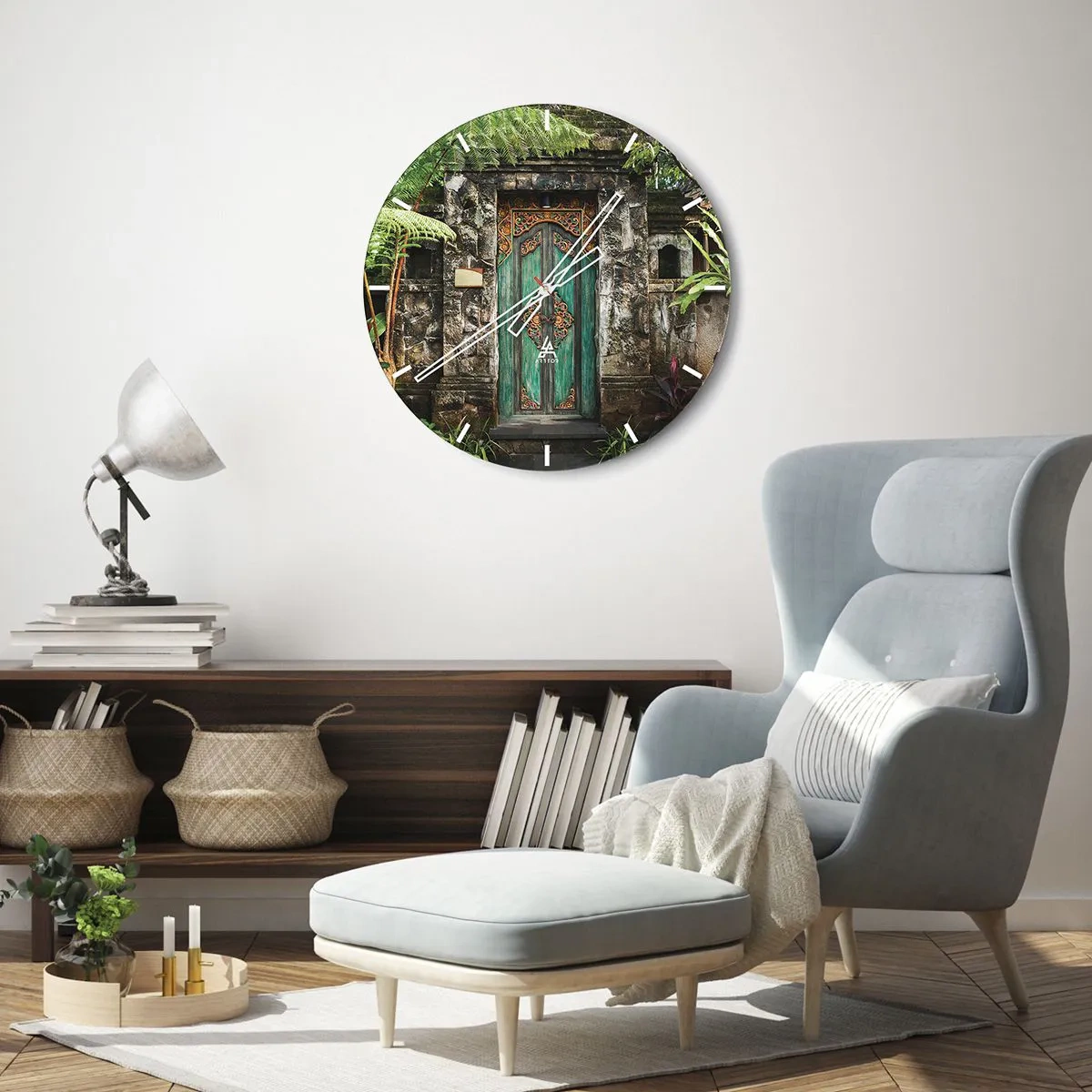 Wall clock - Clock on glass - An ornate green door in a stone wall surrounded by vegetation - 30x30cm - Door to Exotic World - Modern wall decoration for the living room, kitchen, and bedroom ARTTOR