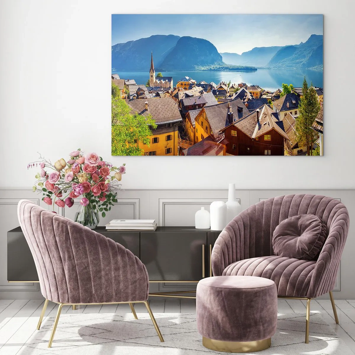 Glass picture - A picturesque town on a lake surrounded by mountains - 70x50cm - It Couldn't be More Picturesque - Modern wall decoration for the living room and bedroom ARTTOR