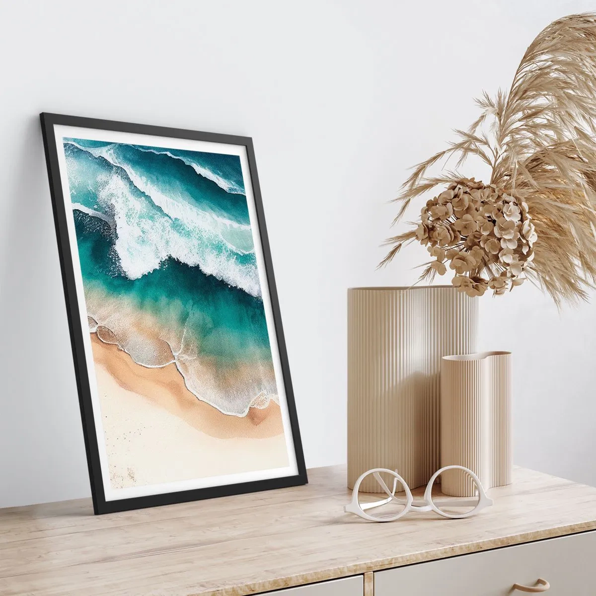 Poster in black frame - Sea waves crashing on the beach - 50x70cm - Eternal Encounter - Modern wall decoration for the living room and bedroom ARTTOR