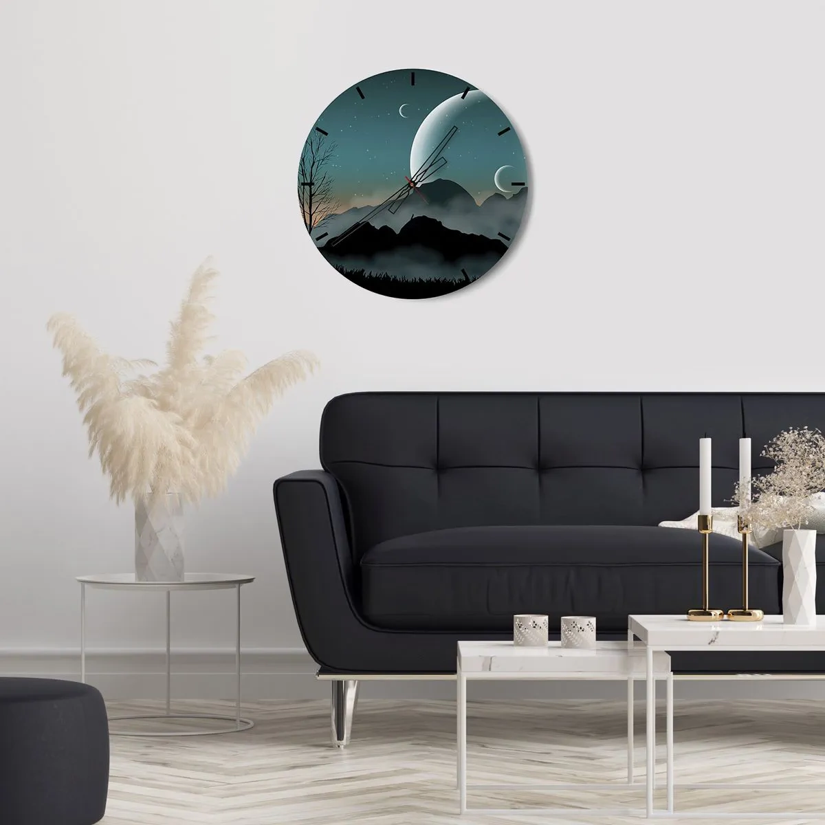 Wall clock - Clock on glass - A space landscape with moons and mountains - 30x30cm - Carnival of a Starry Night - Modern wall decoration for the living room, kitchen, and bedroom ARTTOR