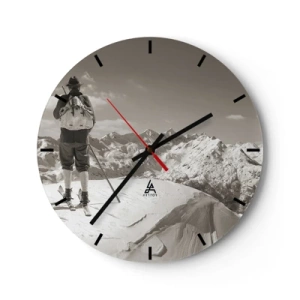 Wall clock - Clock on glass - Skier against the backdrop of snow-covered mountains in retro style - 30x30cm - Mountains Are the Same - Modern wall decoration for the living room, kitchen, and bedroom ARTTOR
