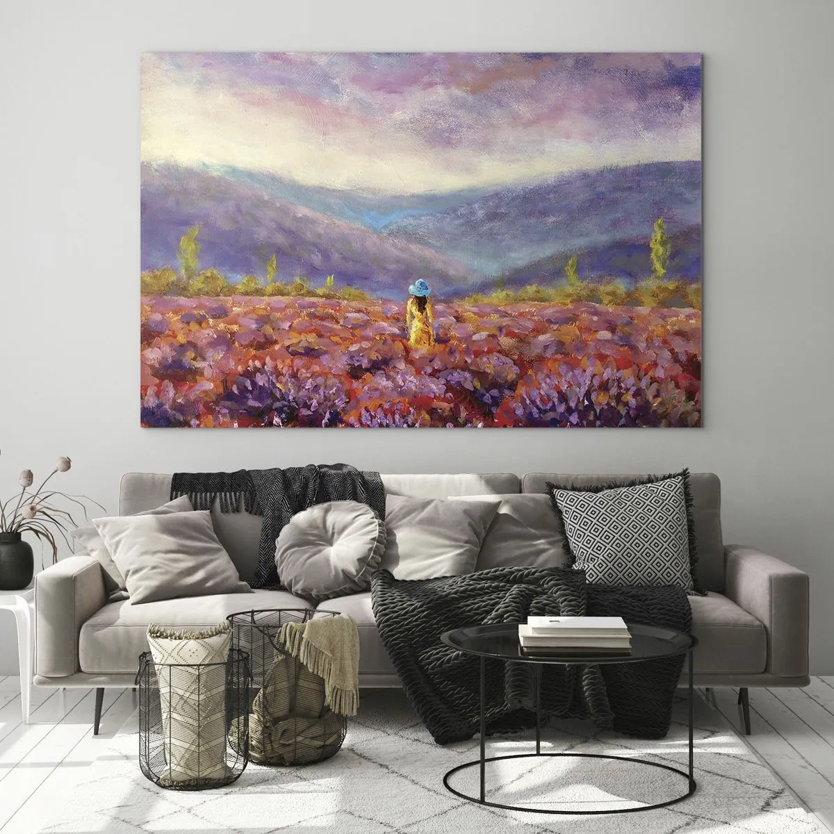 Glass picture - A figure wearing a hat in a lavender field at dusk - 70x50cm - In Lavendar World - Modern wall decoration for the living room and bedroom ARTTOR