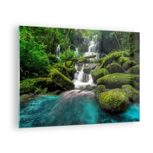 Glass picture - An exotic waterfall surrounded by lush greenery and turquoise water - 70x50cm - Turquoise, Sapphire and Silver - Modern wall decoration for the living room and bedroom ARTTOR