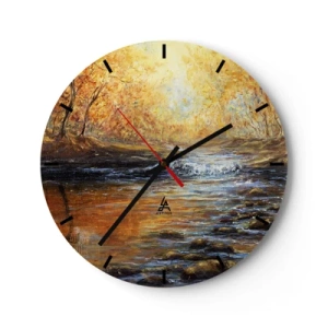 Wall clock - Clock on glass - Autumn landscape with a river surrounded by golden trees - 30x30cm - Golden Brook - Modern wall decoration for the living room, kitchen, and bedroom ARTTOR
