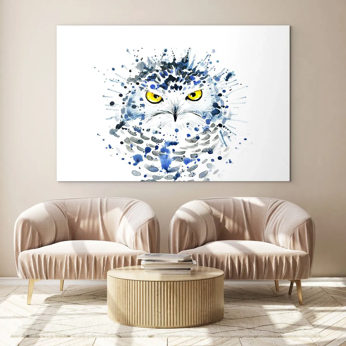 Glass picture - Artistic portrait of an owl with yellow eyes and abstract details. - 70x50cm - Straight in the Eyes - Modern wall decoration for the living room and bedroom ARTTOR