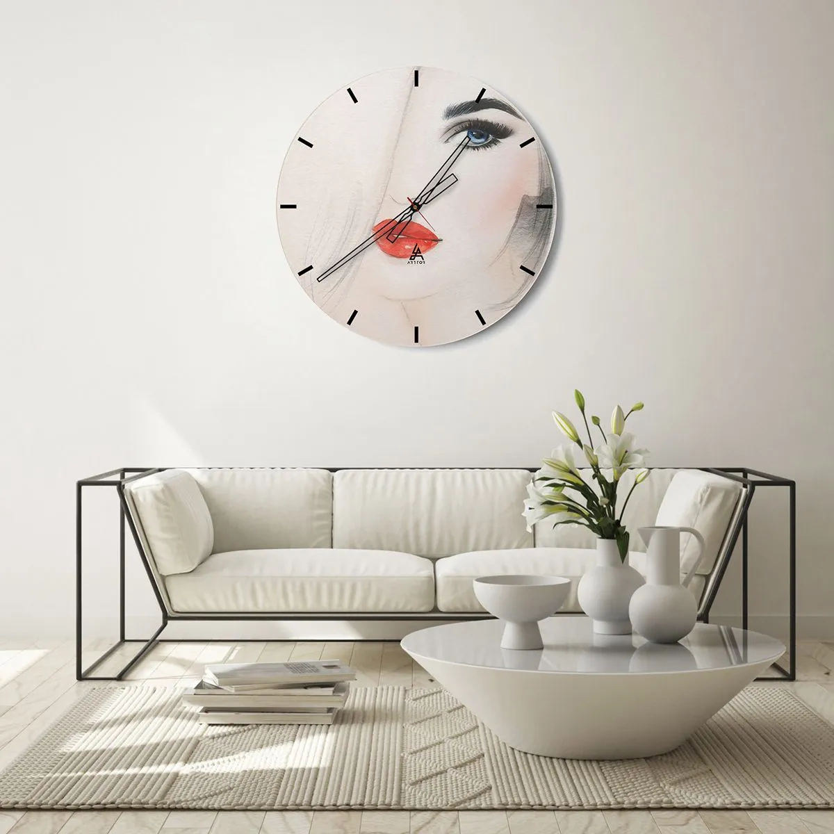 Wall clock - Clock on glass - Artistic portrait of a woman with red lips and blue eyes - 30x30cm - Mesmerizes and Intoxicates - Modern wall decoration for the living room, kitchen, and bedroom ARTTOR