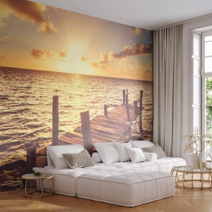 Custom Self-Adhesive Wallpaper Deluxe Sticker - Golden Land of Tranquility - Landscape, Sea, Wooden Bridge
