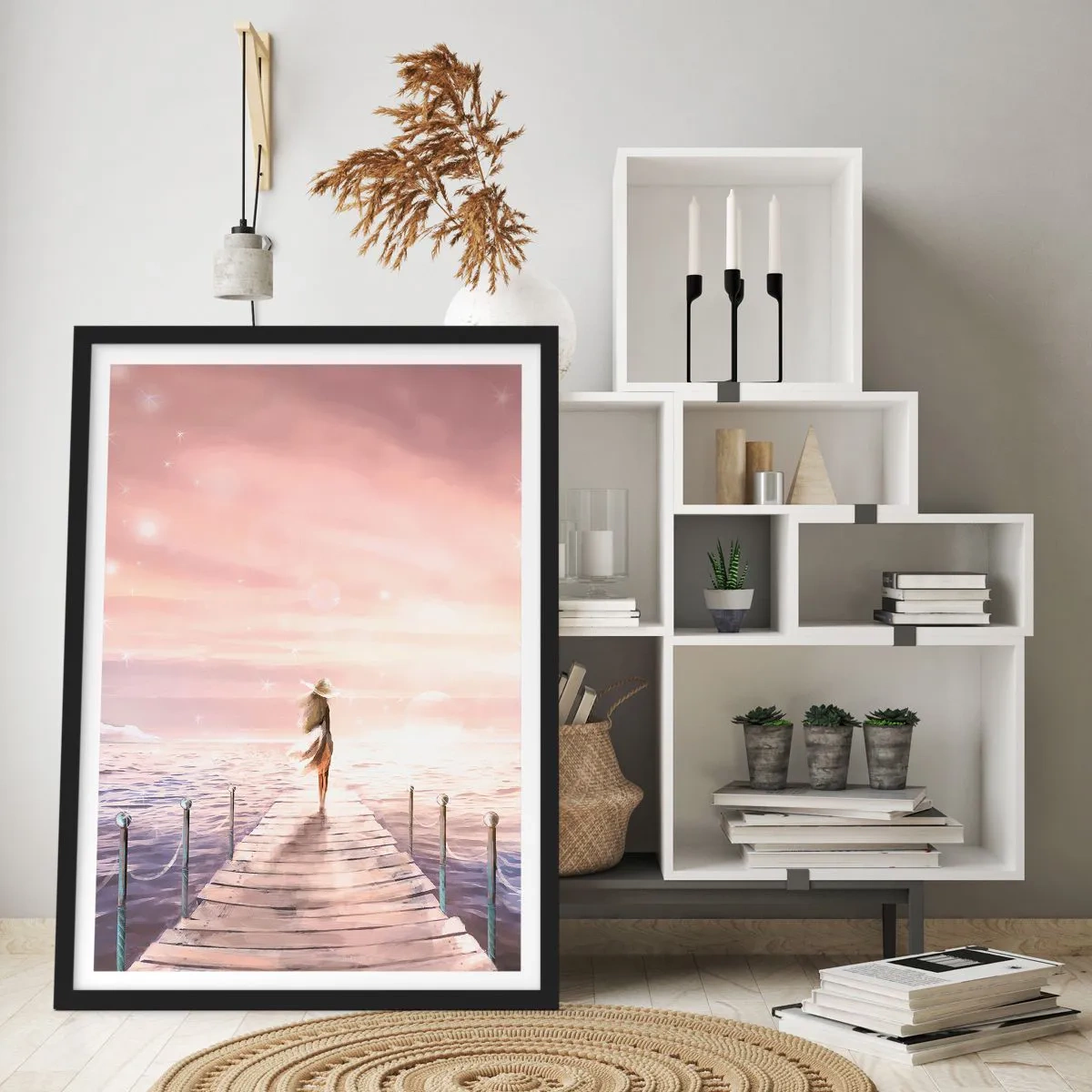 Poster in black frame - Romantic sunset pier with a woman in a hat - 50x70cm - In a Dream World - Modern wall decoration for the living room and bedroom ARTTOR
