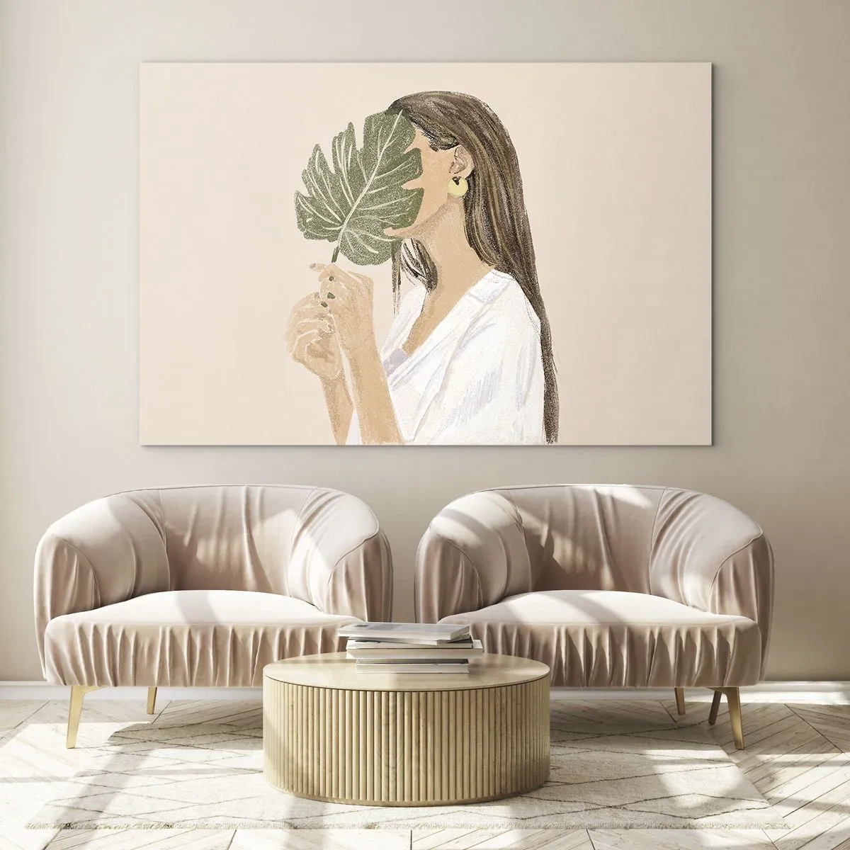 Glass picture - woman with long hair holding a leaf in front of her face. - 70x50cm - Mysterious Portrait with a Fan - Modern wall decoration for the living room and bedroom ARTTOR