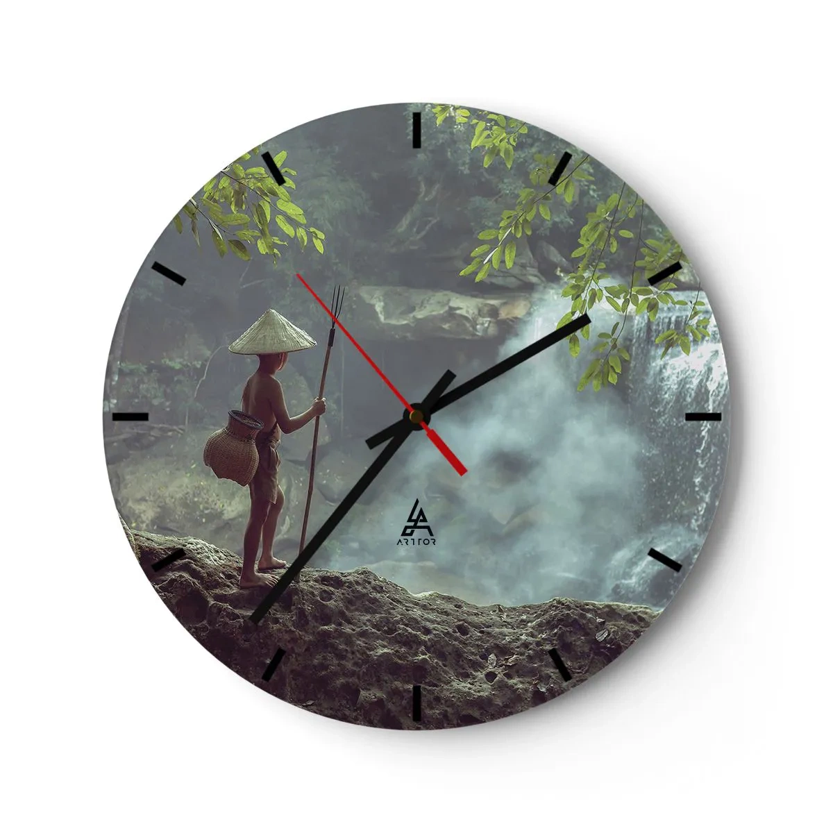 Wall clock - Clock on glass - A nature scene with a boy by a waterfall - 30x30cm - Friends with Nature - Modern wall decoration for the living room, kitchen, and bedroom ARTTOR