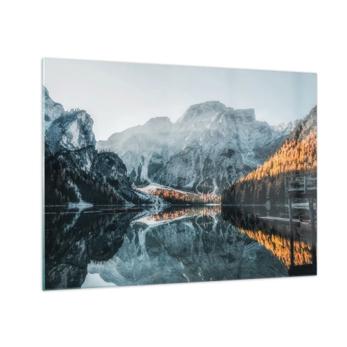 Glass picture - A mountain landscape reflected in the calm surface of the lake - 70x50cm - Mirror Landscape - Modern wall decoration for the living room and bedroom ARTTOR
