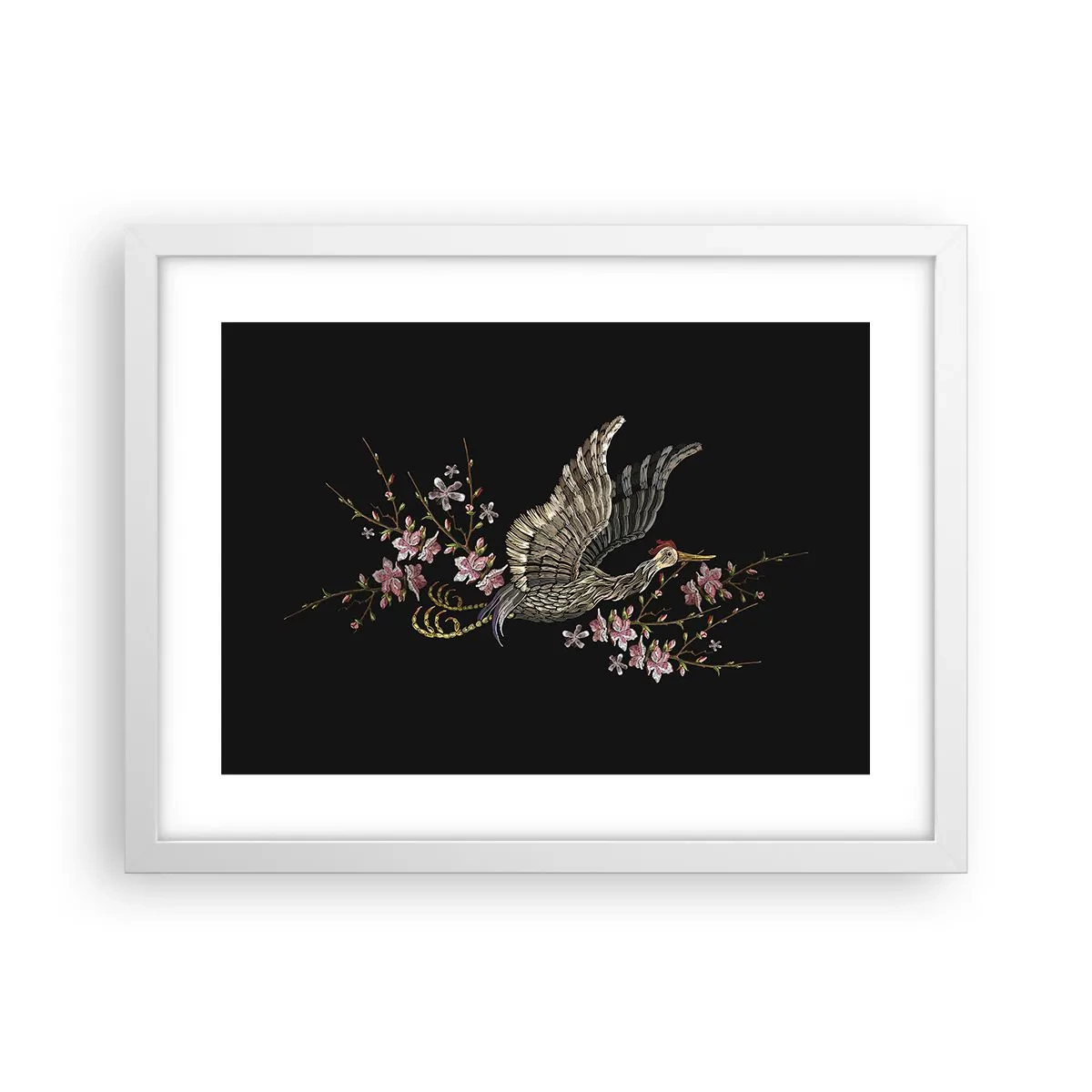 Poster in white frmae - Exotic, Embroidered Bird - 40x30 cm
