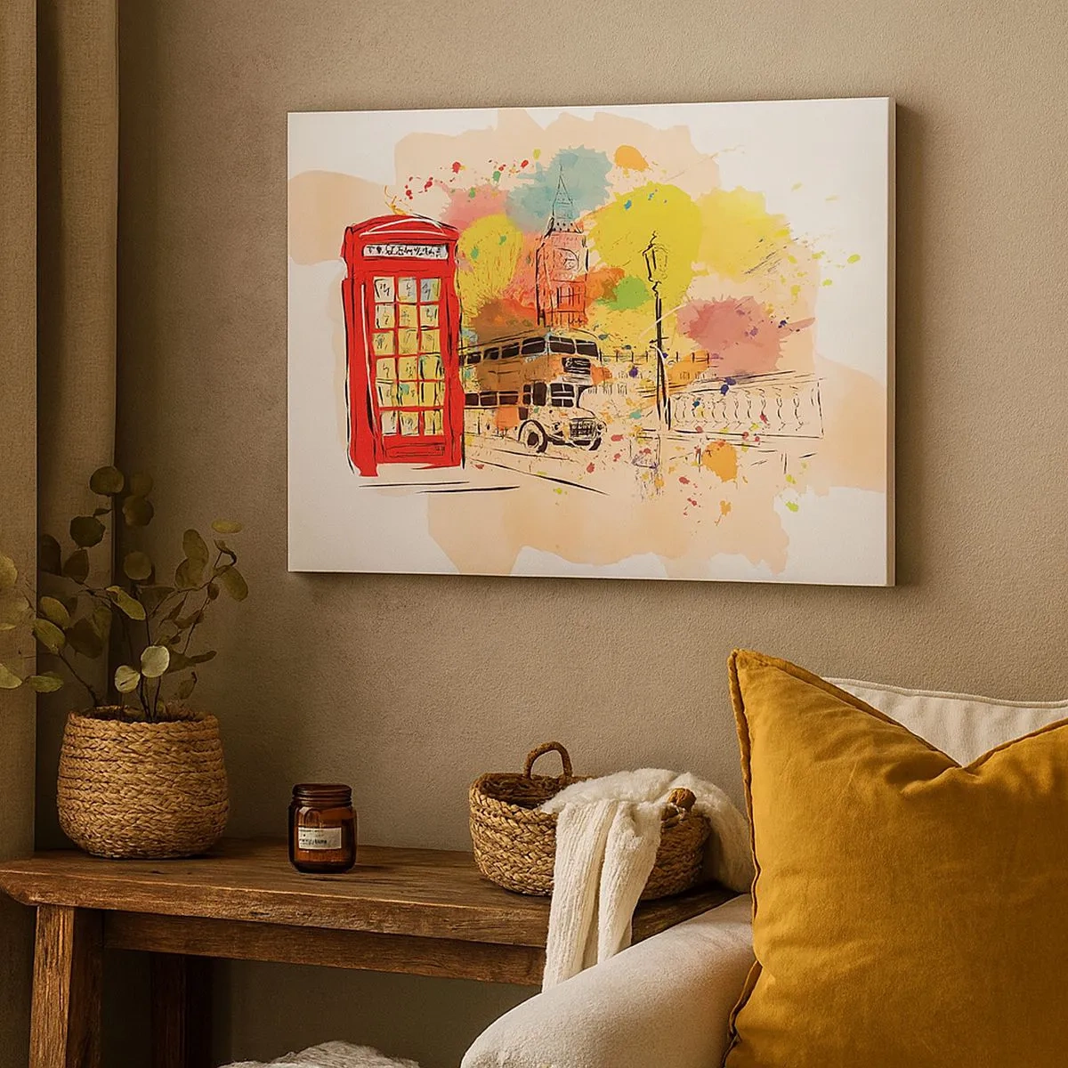 Canvas picture - London theme with red bus and booth - 70x50cm - City of Diversity - Modern wall decoration for the living room and bedroom ARTTOR