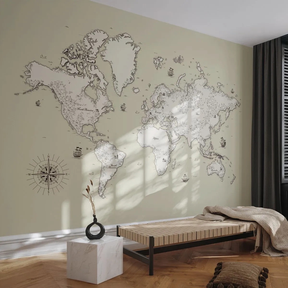 Photo Wallpaper Standard Eco - Travel Round the World - World map, Continents, Pirate ship - 200x140 cm