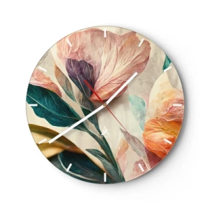 Wall clock - Clock on glass - Colorful tropical flowers in a painterly style on a light background - 30x30cm - Flowers of Southern Islands - Modern wall decoration for the living room, kitchen, and bedroom ARTTOR