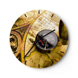 Wall clock - Clock on glass - compass on an old map background - 30x30cm - To the End of the World? - Modern wall decoration for the living room, kitchen, and bedroom ARTTOR