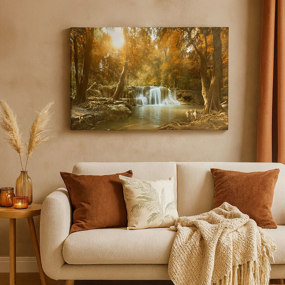 Canvas picture - Autumn landscape with a waterfall - 70x50cm - Park Cascade - Modern wall decoration for the living room and bedroom ARTTOR