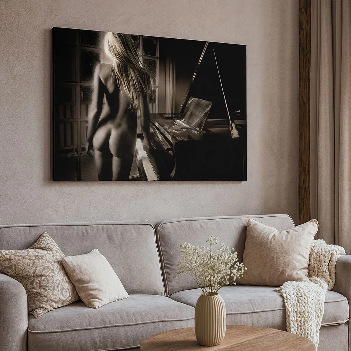 Canvas picture - Female nude at the piano in black and white style - 70x50cm - Perfect Evening Harmony - Modern wall decoration for the living room and bedroom ARTTOR