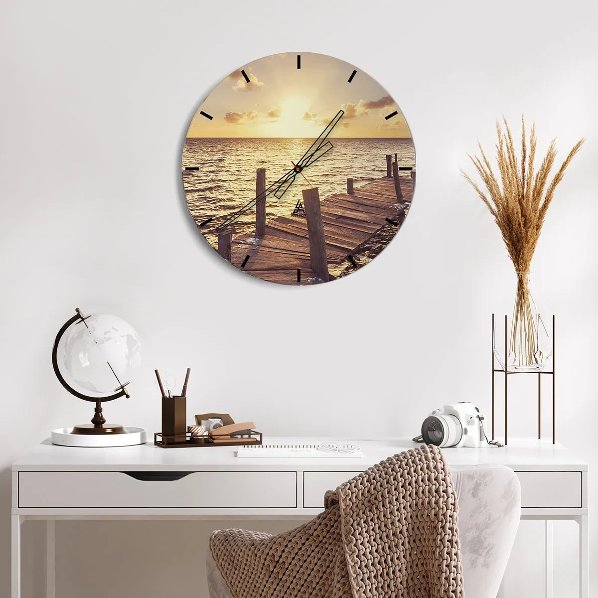 Wall clock - Clock on glass - Wooden jetty at sunset - 30x30cm - Golden Land of Tranquility - Modern wall decoration for the living room, kitchen, and bedroom ARTTOR