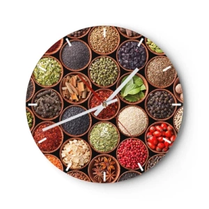 Wall clock - Clock on glass - A clock face with a colorful motif of spices and herbs in wooden bowls. - 30x30cm - All Flavours of the World - Modern wall decoration for the living room, kitchen, and bedroom ARTTOR