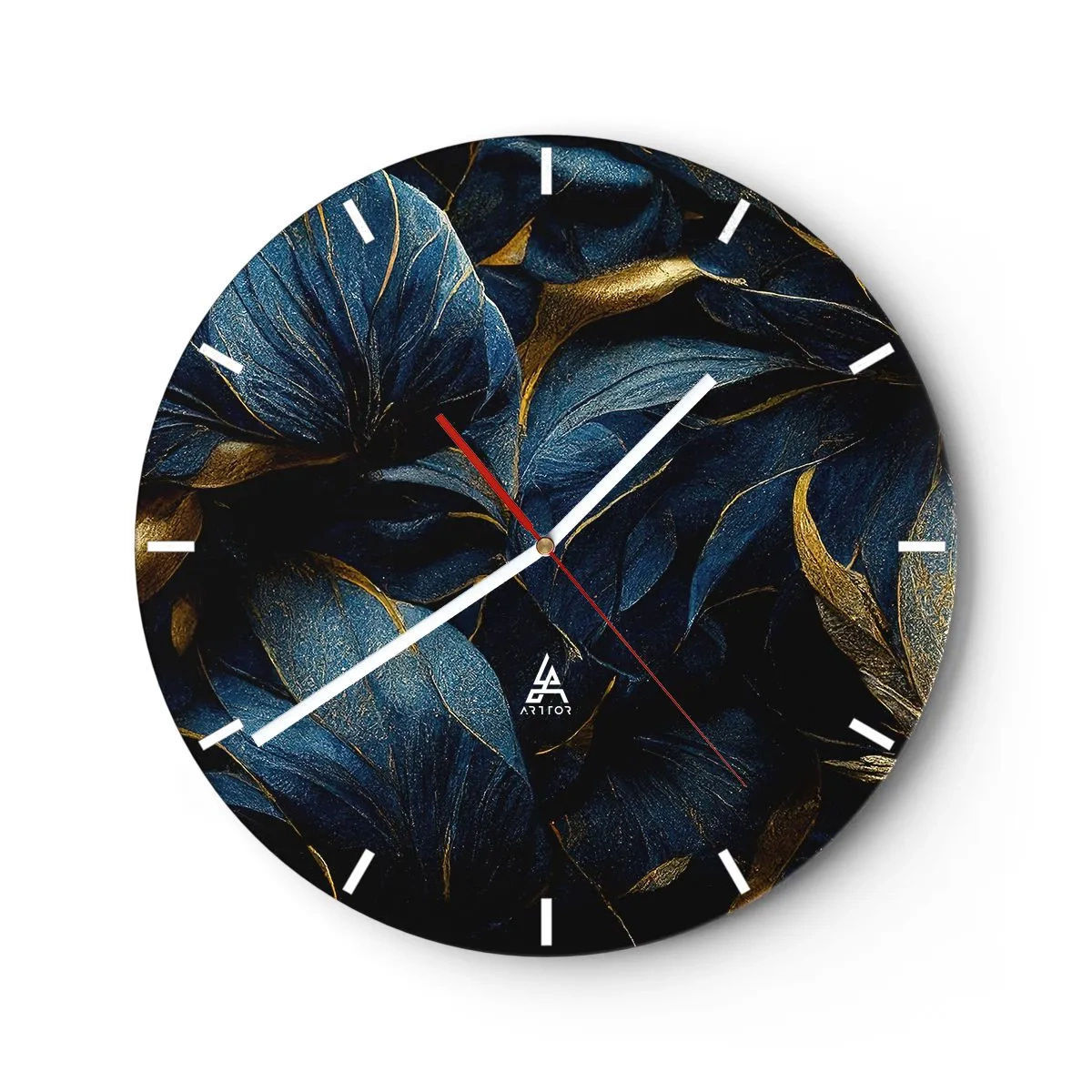 Wall clock - Clock on glass - Dark flowers with delicate gold decoration on the petals - 30x30cm - Lined with Gold - Modern wall decoration for the living room, kitchen, and bedroom ARTTOR