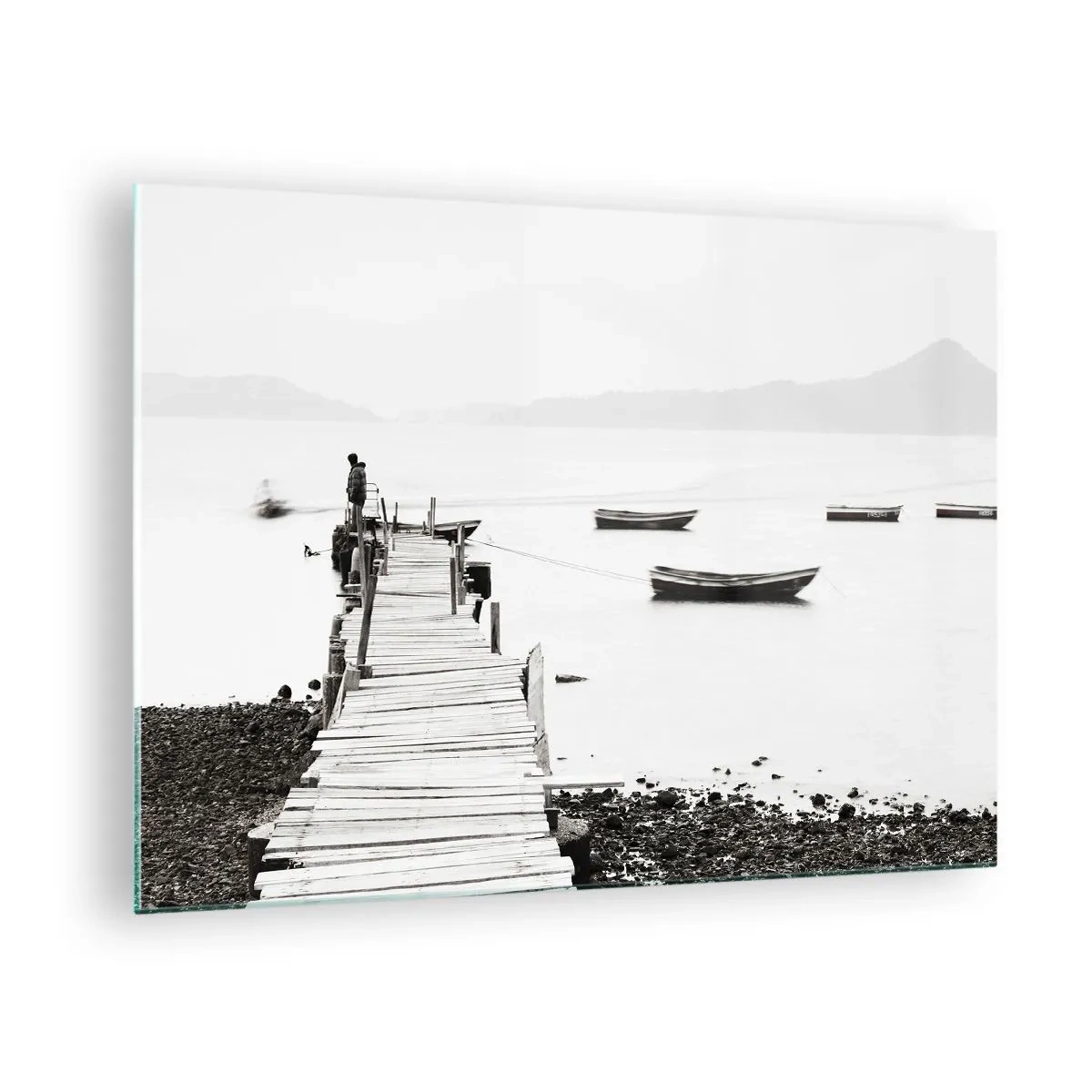 Glass picture - Black and white view of a wooden pier over a lake - 70x50cm - By Waters Still and Clear - Modern wall decoration for the living room and bedroom ARTTOR