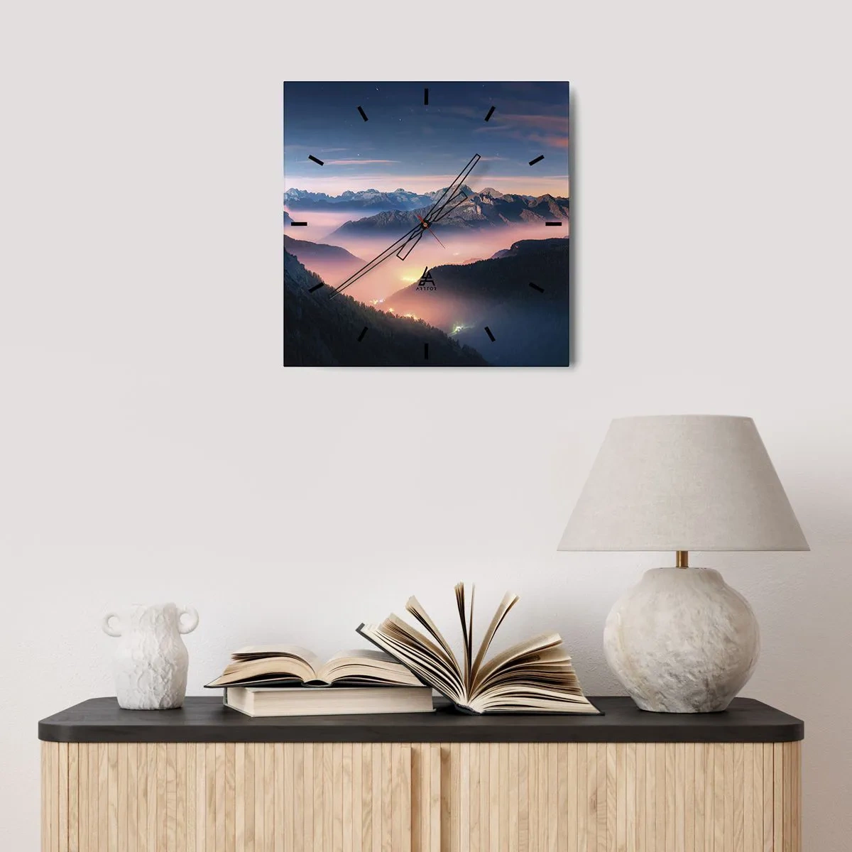 Wall clock - Clock on glass - Light in the Valleys - 30x30 cm