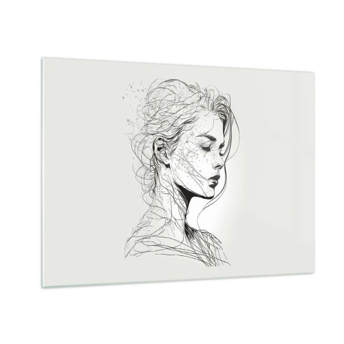 Glass picture - A black and white sketch of a woman with her eyes closed in a delicate line. - 70x50cm - Portrait in Thoughts - Modern wall decoration for the living room and bedroom ARTTOR