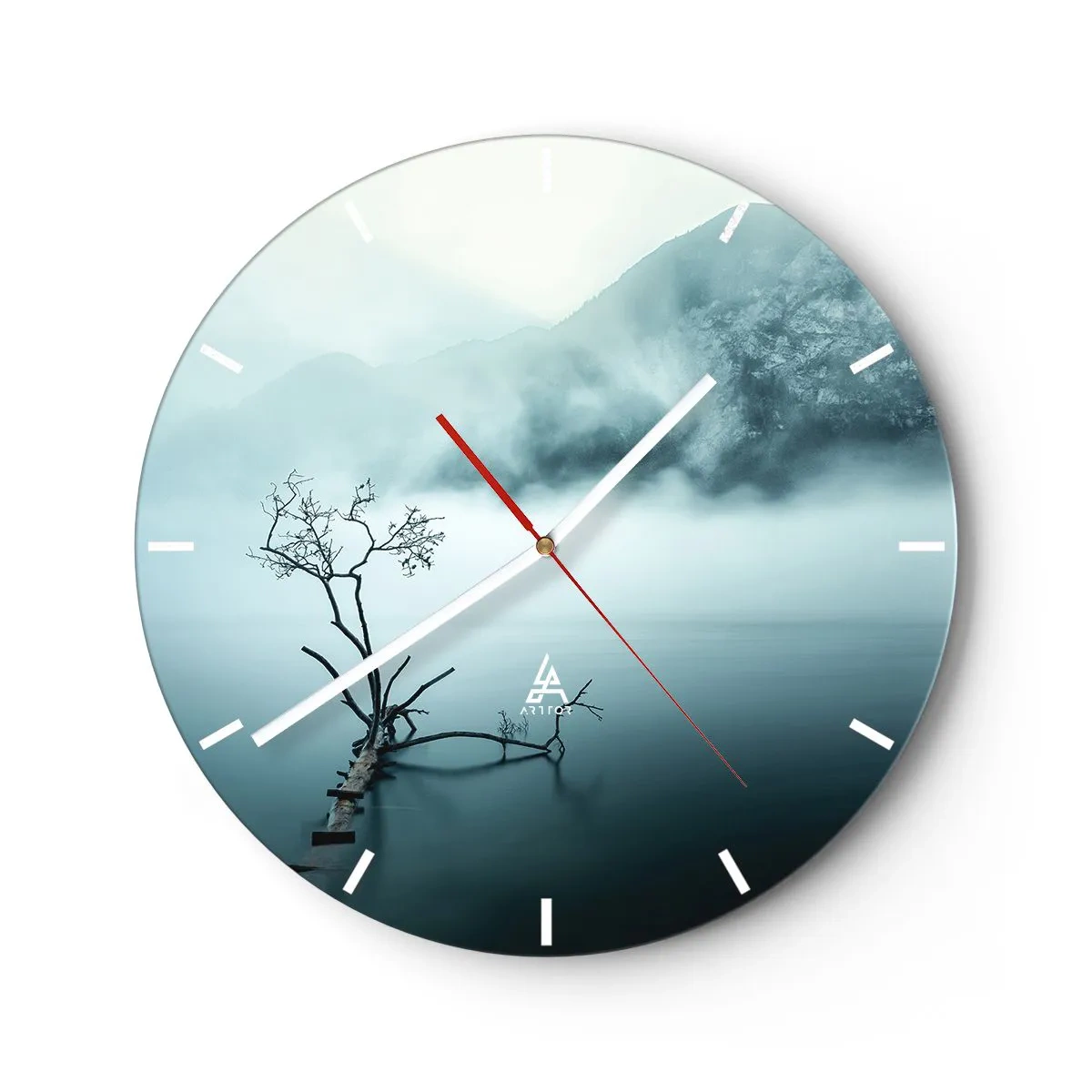Wall clock - Clock on glass - A tree on a flooded footbridge amidst fog and mountains - 30x30cm - From Water and Fog - Modern wall decoration for the living room, kitchen, and bedroom ARTTOR