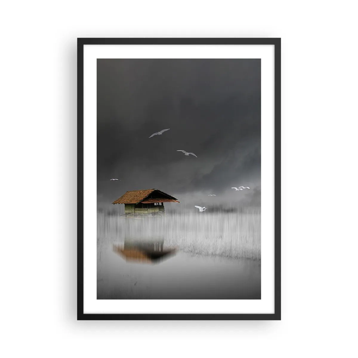 Poster in black frame - A houseboat surrounded by fog with birds against a dark background - 50x70cm - Shelter from the Rain - Modern wall decoration for the living room and bedroom ARTTOR