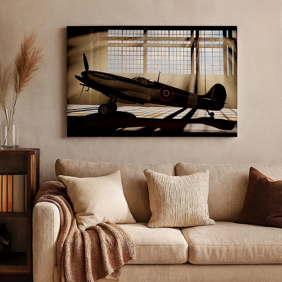 Canvas picture - A historic airplane in a hangar lit by sunlight - 70x50cm - Warrior's Rest - Modern wall decoration for the living room and bedroom ARTTOR