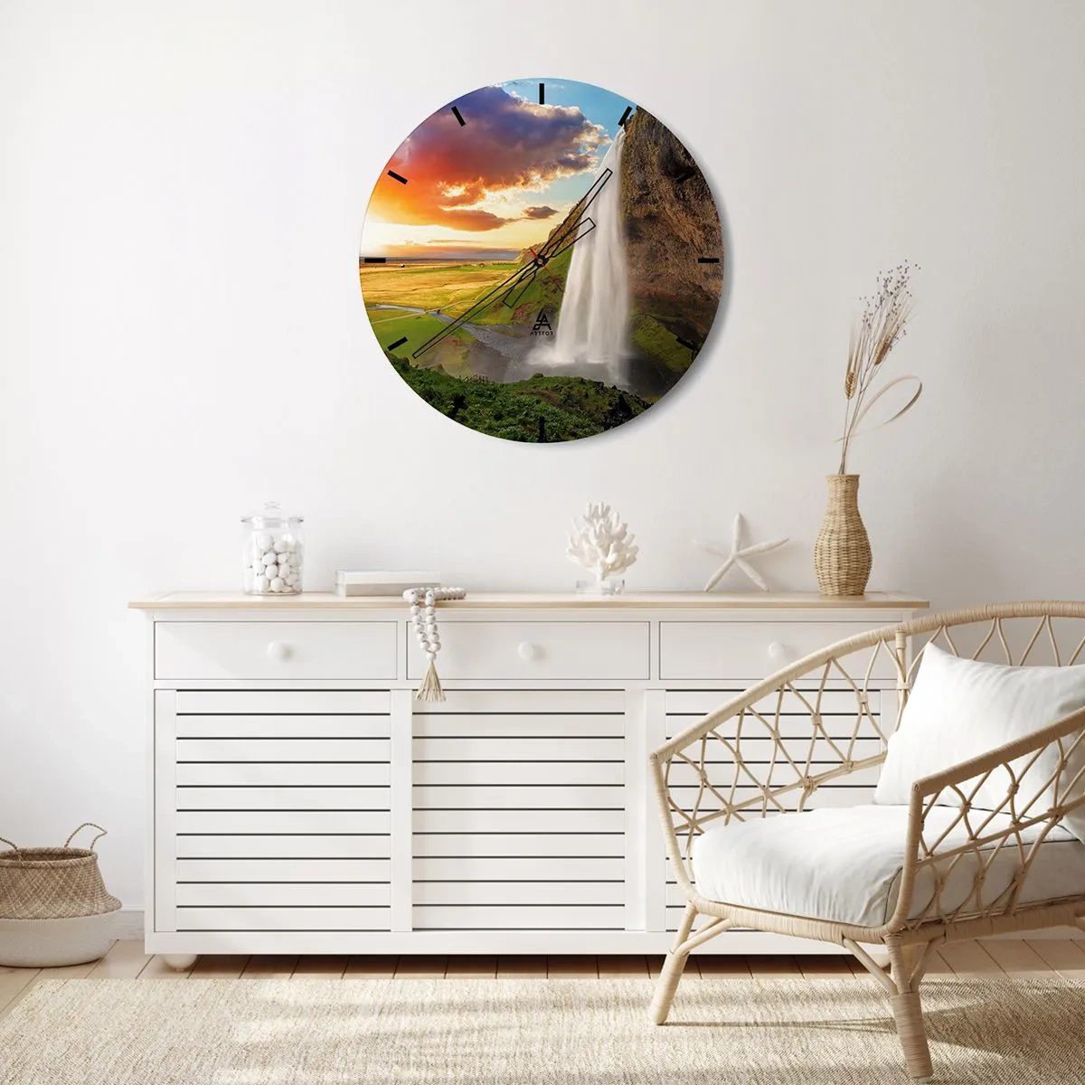 Wall clock - Clock on glass - A waterfall in the Icelandic landscape at sunset - 30x30cm - Midsummer in Iceland - Modern wall decoration for the living room, kitchen, and bedroom ARTTOR