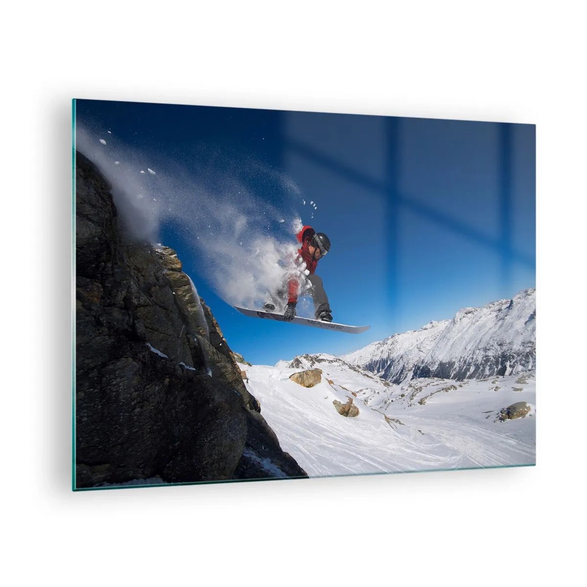 Glass picture - A snowboarder jumps against a mountain backdrop - 70x50cm - And You Became Part of Space - Modern wall decoration for the living room and bedroom ARTTOR