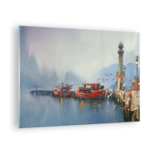 Glass picture - A harbor with red boats, a lighthouse and birds against the backdrop of mountains - 70x50cm - At the End of the World - Modern wall decoration for the living room and bedroom ARTTOR