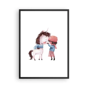 Poster in black frame - A girl and a unicorn in winter clothes hug each other - 50x70cm - Winter Tale - Modern wall decoration for the living room and bedroom ARTTOR