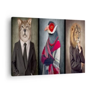 Canvas picture - Stylized portraits of a wolf, a pheasant, and a lion in elegant clothes - 70x50cm - What Am I Doing?! - Modern wall decoration for the living room and bedroom ARTTOR