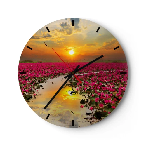 Wall clock - Clock on glass - A field of pink lotus flowers at sunset - 30x30cm - Secret Life of a Lake - Modern wall decoration for the living room, kitchen, and bedroom ARTTOR