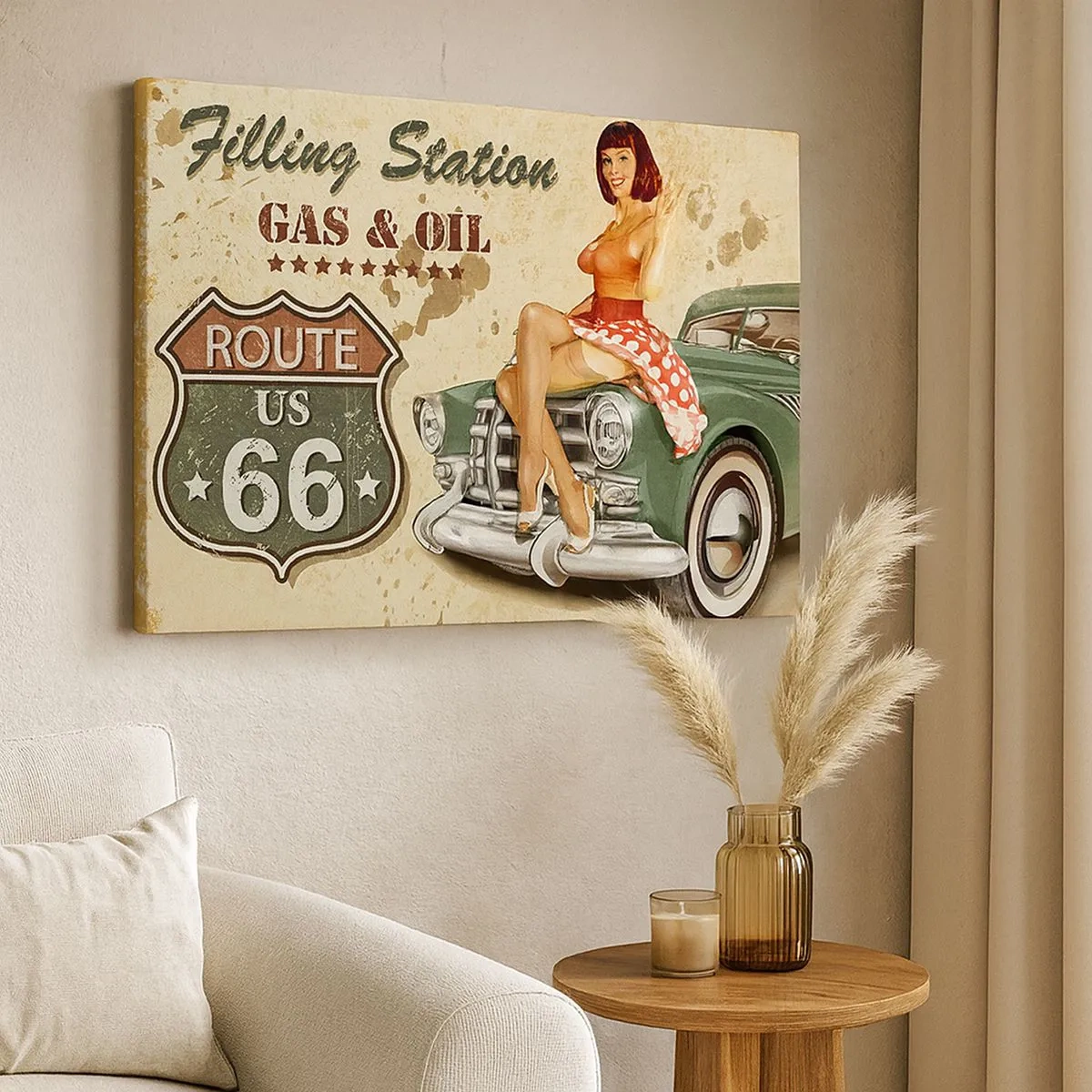 Canvas picture - Retro Route 66 poster with pin-up girl and car - 70x50cm - Wonderful 40-ies - Modern wall decoration for the living room and bedroom ARTTOR
